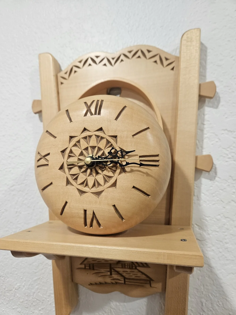 Swiss Folk Art Carved Wooden Wall Clock Chalet Scene Battery Operated
